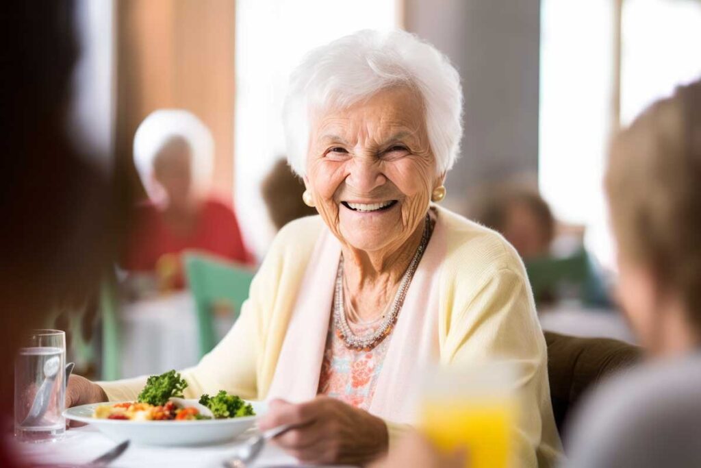 Older person smiling while enjoying a meal in one of the best retirement communities in austin tx
