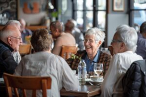 group of seniors gathered around table smiling while talking about questions to ask when considering senior living